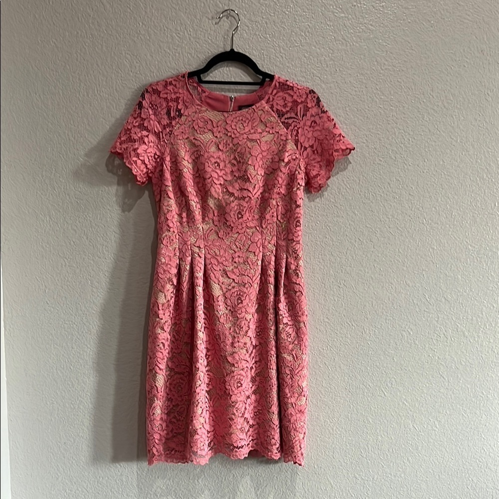 Vince Camuto Pink Lace Short Sleeve Fit & Flare Pocket Dress Women's Sz 8 TC0686